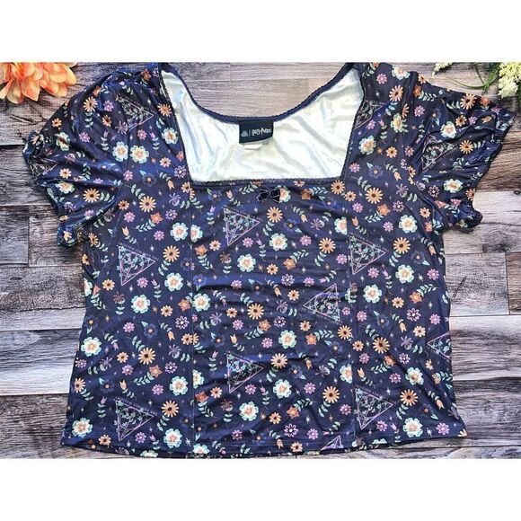 Harry Potter Deathly Hallows Floral Square Neck Girls Top Plus Size 2 - Picture 2 of 6